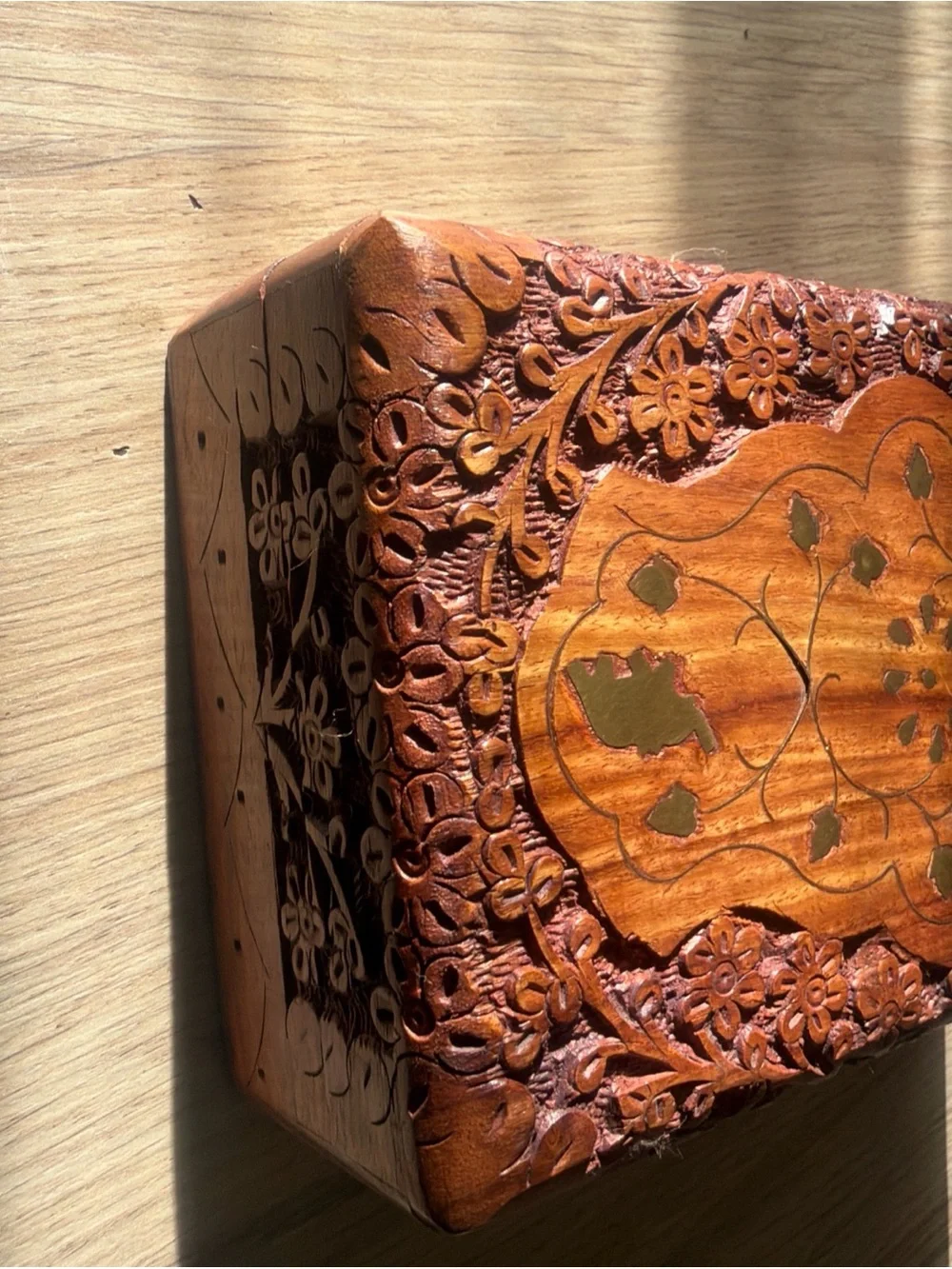 Hand-Carved Wooden Jewelry Box with Inlay